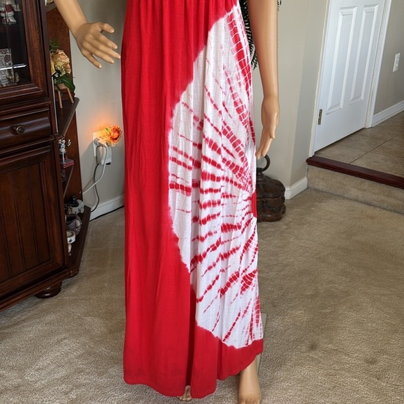 Sievergate Red & White Tie Dye Strapless Maxi Dress Rayon Stretch - Picture 2 of 16